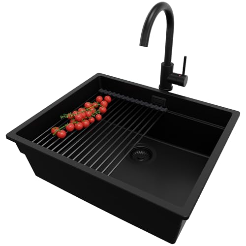 PRIMAGRAN Unterbauspüle Granit Alles Schwarz 56x47cm, Spülbecken 1 Becken + Küchenarmatur 32x20cm + Ablauf-Set + Aufrollbare Abtropffläche, Granitspüle ab 60er Unterschrank - Praga von Primagran