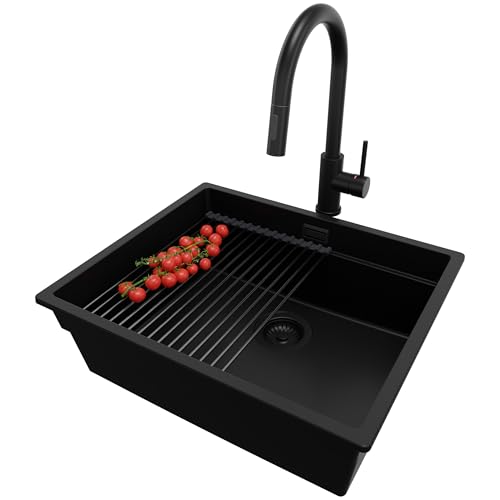 PRIMAGRAN Unterbauspüle Granit Alles Schwarz 56x47cm, Spülbecken 1 Becken + Küchenarmatur 40x20cm + Ablauf-Set + Aufrollbare Abtropffläche, Granitspüle ab 60er Unterschrank - Praga PRIMAGRAN Unterbauspüle Granit Alles Schwarz 56x47cm, Spülbecken 1 Becken + Küchenarmatur 40x20cm + Ablauf-Set + Aufrollbare Abtropffläche, Granitspüle ab 60er Unterschrank - Praga von Primagran