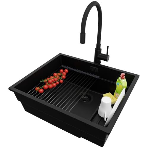 PRIMAGRAN Unterbauspüle Granit Alles Schwarz 56x47cm, Spülbecken 1 Becken + Küchenarmatur 40x38cm + Ablauf-Set + Aufrollbare Abtropffläche, Granitspüle ab 60er Unterschrank - Praga PRIMAGRAN Unterbauspüle Granit Alles Schwarz 56x47cm, Spülbecken 1 Becken + Küchenarmatur 40x38cm + Ablauf-Set + Aufrollbare Abtropffläche, Granitspüle ab 60er Unterschrank - Praga von Primagran