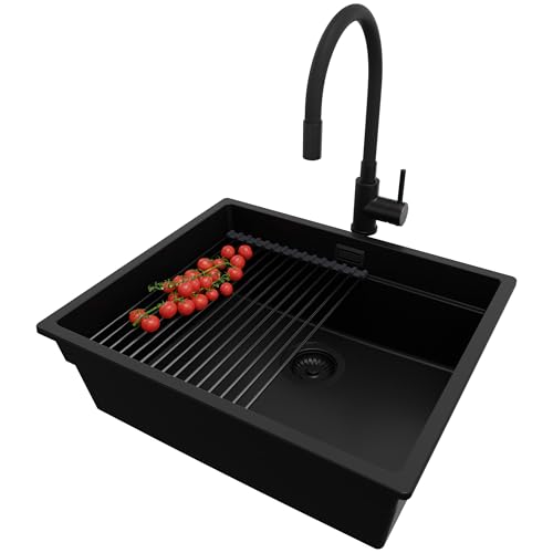 PRIMAGRAN Unterbauspüle Granit Alles Schwarz 56x47cm, Spülbecken 1 Becken + Küchenarmatur 40x38cm + Ablauf-Set + Aufrollbare Abtropffläche, Granitspüle ab 60er Unterschrank - Praga von Primagran