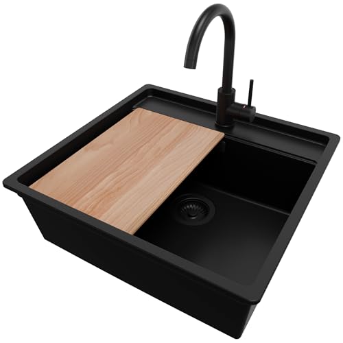 PRIMAGRAN Unterbauspüle Granit Alles Schwarz 56x53cm, Spülbecken 1 Becken + Küchenarmatur 32x20cm + Ablauf-Set + Schneidebrett, Granitspüle ab 60er Unterschrank - Bergen von Primagran