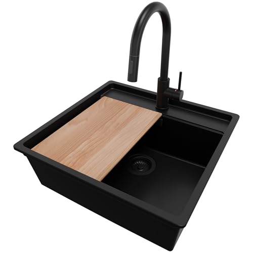 PRIMAGRAN Unterbauspüle Granit Alles Schwarz 56x53cm, Spülbecken 1 Becken + Küchenarmatur 40x20cm + Ablauf-Set + Schneidebrett, Granitspüle ab 60er Unterschrank - Bergen von Primagran