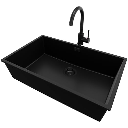 PRIMAGRAN Unterbauspüle Granit Alles Schwarz 76x47cm, Spülbecken 1 Becken + Küchenarmatur 32x20cm + Ablauf-Set, Granitspüle ab 80er Unterschrank - London von Primagran