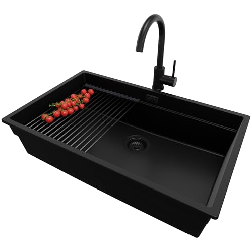 PRIMAGRAN Unterbauspüle Granit Alles Schwarz 76x47cm, Spülbecken 1 Becken + Küchenarmatur 32x20cm + Ablauf-Set + Aufrollbare Abtropffläche, Granitspüle ab 80er Unterschrank - Praga PRIMAGRAN Unterbauspüle Granit Alles Schwarz 76x47cm, Spülbecken 1 Becken + Küchenarmatur 32x20cm + Ablauf-Set + Aufrollbare Abtropffläche, Granitspüle ab 80er Unterschrank - Praga von Primagran