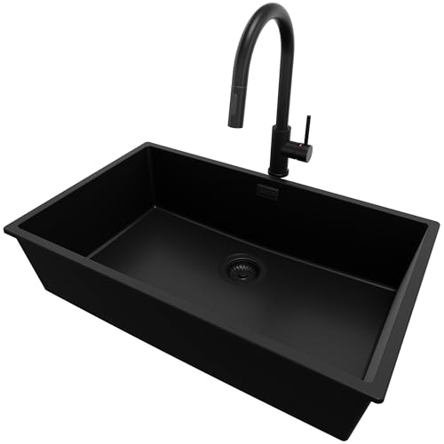 PRIMAGRAN Unterbauspüle Granit Alles Schwarz 76x47cm, Spülbecken 1 Becken + Küchenarmatur 40x20cm + Ablauf-Set, Granitspüle ab 80er Unterschrank - London PRIMAGRAN Unterbauspüle Granit Alles Schwarz 76x47cm, Spülbecken 1 Becken + Küchenarmatur 40x20cm + Ablauf-Set, Granitspüle ab 80er Unterschrank - London von Primagran