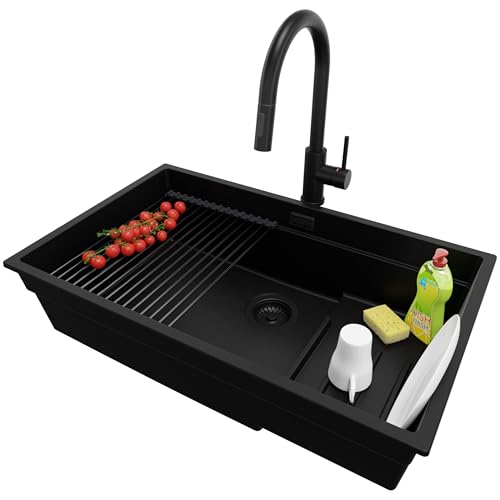 PRIMAGRAN Unterbauspüle Granit Alles Schwarz 76x47cm, Spülbecken 1 Becken + Küchenarmatur 40x20cm + Ablauf-Set + Aufrollbare Abtropffläche, Granitspüle ab 80er Unterschrank - Praga PRIMAGRAN Unterbauspüle Granit Alles Schwarz 76x47cm, Spülbecken 1 Becken + Küchenarmatur 40x20cm + Ablauf-Set + Aufrollbare Abtropffläche, Granitspüle ab 80er Unterschrank - Praga von Primagran