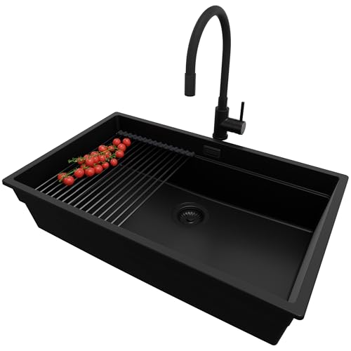 PRIMAGRAN Unterbauspüle Granit Alles Schwarz 76x47cm, Spülbecken 1 Becken + Küchenarmatur 40x38cm + Ablauf-Set + Aufrollbare Abtropffläche, Granitspüle ab 80er Unterschrank - Praga PRIMAGRAN Unterbauspüle Granit Alles Schwarz 76x47cm, Spülbecken 1 Becken + Küchenarmatur 40x38cm + Ablauf-Set + Aufrollbare Abtropffläche, Granitspüle ab 80er Unterschrank - Praga von Primagran