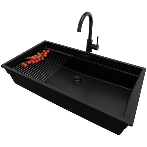 PRIMAGRAN Unterbauspüle Granit Alles Schwarz 86x47cm, Spülbecken 1 Becken + Küchenarmatur 32x20cm + Ablauf-Set + Aufrollbare Abtropffläche, Granitspüle ab 90er Unterschrank - Praga PRIMAGRAN Unterbauspüle Granit Alles Schwarz 86x47cm, Spülbecken 1 Becken + Küchenarmatur 32x20cm + Ablauf-Set + Aufrollbare Abtropffläche, Granitspüle ab 90er Unterschrank - Praga von Primagran