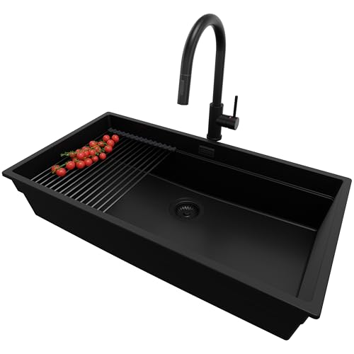 PRIMAGRAN Unterbauspüle Granit Alles Schwarz 86x47cm, Spülbecken 1 Becken + Küchenarmatur 40x20cm + Ablauf-Set + Aufrollbare Abtropffläche, Granitspüle ab 90er Unterschrank - Praga PRIMAGRAN Unterbauspüle Granit Alles Schwarz 86x47cm, Spülbecken 1 Becken + Küchenarmatur 40x20cm + Ablauf-Set + Aufrollbare Abtropffläche, Granitspüle ab 90er Unterschrank - Praga von Primagran