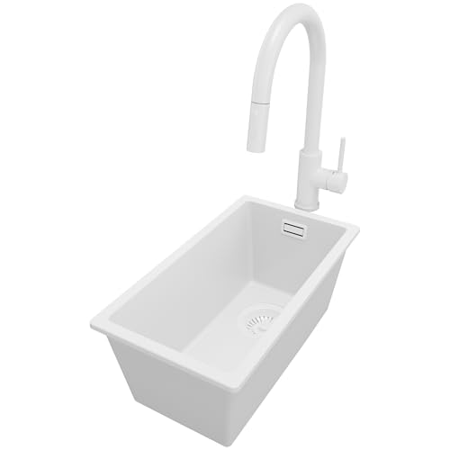 PRIMAGRAN Unterbauspüle Granit Alles Weiß 26x47cm, Spülbecken 1 Becken + Küchenarmatur 40x20cm + Ablauf-Set, Granitspüle ab 30er Unterschrank - London PRIMAGRAN Unterbauspüle Granit Alles Weiß 26x47cm, Spülbecken 1 Becken + Küchenarmatur 40x20cm + Ablauf-Set, Granitspüle ab 30er Unterschrank - London von Primagran
