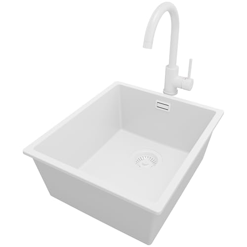 PRIMAGRAN Unterbauspüle Granit Alles Weiß 41x47cm, Spülbecken 1 Becken + Küchenarmatur 32x20cm + Ablauf-Set, Granitspüle ab 45er Unterschrank - London PRIMAGRAN Unterbauspüle Granit Alles Weiß 41x47cm, Spülbecken 1 Becken + Küchenarmatur 32x20cm + Ablauf-Set, Granitspüle ab 45er Unterschrank - London von Primagran