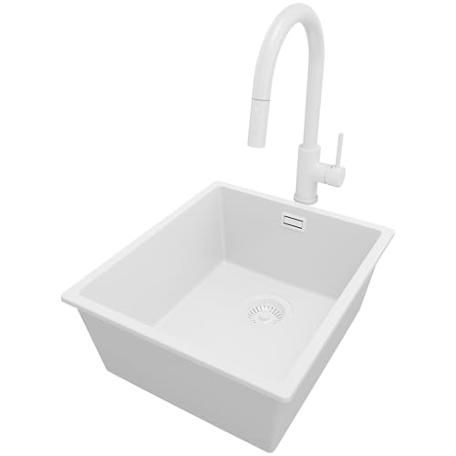 PRIMAGRAN Unterbauspüle Granit Alles Weiß 41x47cm, Spülbecken 1 Becken + Küchenarmatur 40x20cm + Ablauf-Set, Granitspüle ab 45er Unterschrank - London PRIMAGRAN Unterbauspüle Granit Alles Weiß 41x47cm, Spülbecken 1 Becken + Küchenarmatur 40x20cm + Ablauf-Set, Granitspüle ab 45er Unterschrank - London von Primagran