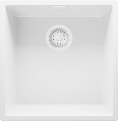 PRIMAGRAN Unterbauspüle Granit Alles Weiß 46x47cm, Spülbecken 1 Becken + Ablauf-Set, Granitspüle ab 50er Unterschrank - London von Primagran