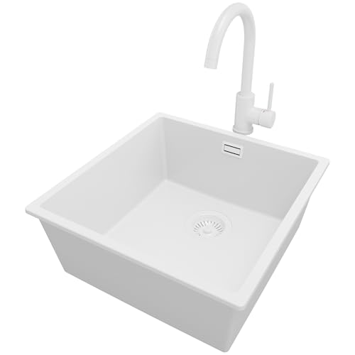PRIMAGRAN Unterbauspüle Granit Alles Weiß 46x47cm, Spülbecken 1 Becken + Küchenarmatur 32x20cm + Ablauf-Set, Granitspüle ab 50er Unterschrank - London von Primagran