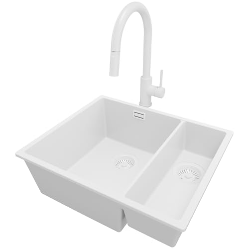 PRIMAGRAN Unterbauspüle Granit Alles Weiß 56x47cm, Spülbecken 1,5 Becken + Küchenarmatur 40x20cm + Ablauf-Set, Granitspüle ab 60er Unterschrank - London Duo von Primagran