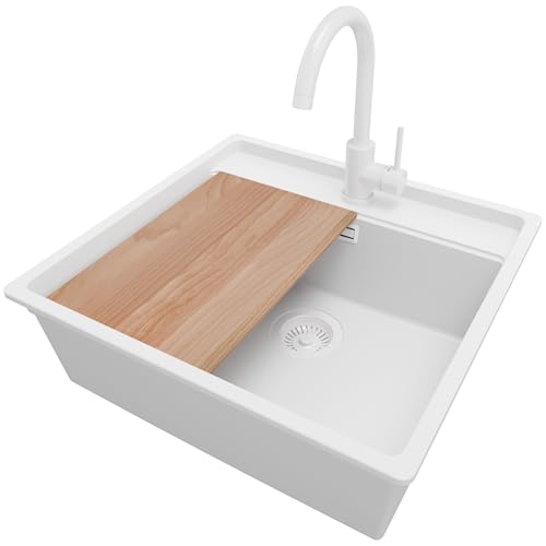 PRIMAGRAN Unterbauspüle Granit Alles Weiß 56x53cm, Spülbecken 1 Becken + Küchenarmatur 32x20cm + Ablauf-Set + Schneidebrett, Granitspüle ab 60er Unterschrank - Bergen von Primagran