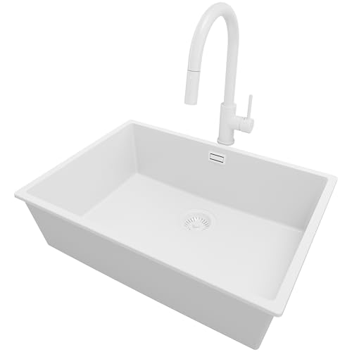 PRIMAGRAN Unterbauspüle Granit Alles Weiß 66x47cm, Spülbecken 1 Becken + Küchenarmatur 40x20cm + Ablauf-Set, Granitspüle ab 70er Unterschrank - London von Primagran