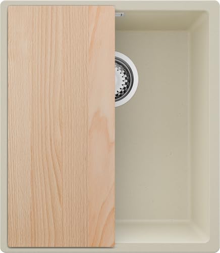 PRIMAGRAN Unterbauspüle Granit Beige 41x47cm, Spülbecken 1 Becken + Ablauf-Set + Schneidebrett, Granitspüle ab 45er Unterschrank - London von Primagran