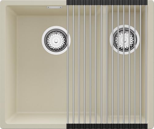 PRIMAGRAN Unterbauspüle Granit Beige 56x47cm, Spülbecken 1,5 Becken + Ablauf-Set + Aufrollbare Abtropffläche, Granitspüle ab 60er Unterschrank - London Duo PRIMAGRAN Unterbauspüle Granit Beige 56x47cm, Spülbecken 1,5 Becken + Ablauf-Set + Aufrollbare Abtropffläche, Granitspüle ab 60er Unterschrank - London Duo von Primagran