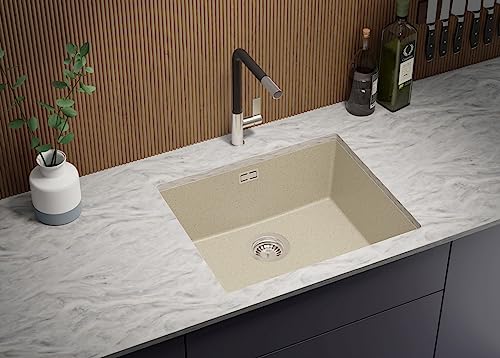 PRIMAGRAN Unterbauspüle Granit Beige 56x47cm, Spülbecken 1 Becken + Ablauf-Set, Granitspüle ab 60er Unterschrank - London von Primagran