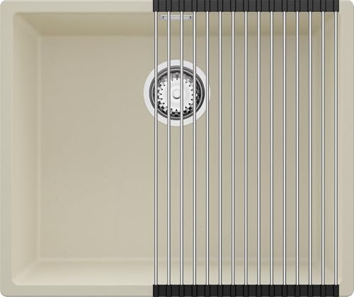 PRIMAGRAN Unterbauspüle Granit Beige 56x47cm, Spülbecken 1 Becken + Ablauf-Set + Aufrollbare Abtropffläche, Granitspüle ab 60er Unterschrank - London von Primagran