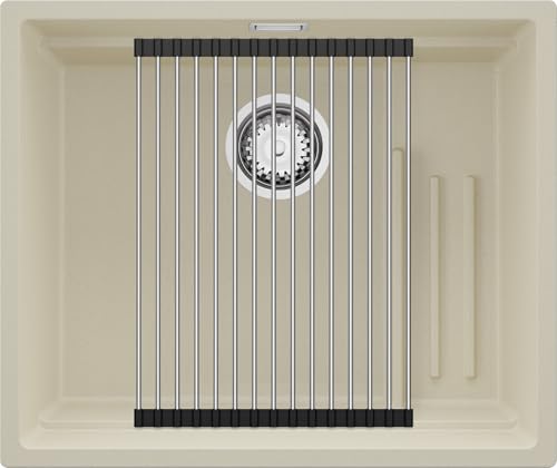 PRIMAGRAN Unterbauspüle Granit Beige 56x47cm, Spülbecken 1 Becken + Ablauf-Set + Aufrollbare Abtropffläche, Granitspüle ab 60er Unterschrank - Praga von Primagran