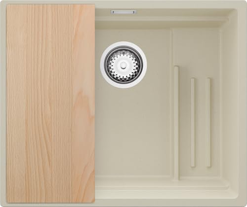 PRIMAGRAN Unterbauspüle Granit Beige 56x47cm, Spülbecken 1 Becken + Ablauf-Set + Schneidebrett, Granitspüle ab 60er Unterschrank - Praga von Primagran