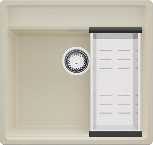 PRIMAGRAN Unterbauspüle Granit Beige 56x53cm, Spülbecken 1 Becken + Ablauf-Set, Granitspüle ab 60er Unterschrank - Bergen von Primagran