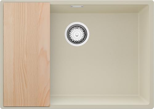 PRIMAGRAN Unterbauspüle Granit Beige 66x47cm, Spülbecken 1 Becken + Ablauf-Set + Schneidebrett, Granitspüle ab 70er Unterschrank - London von Primagran
