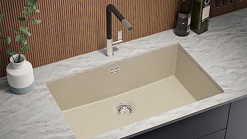 PRIMAGRAN Unterbauspüle Granit Beige 76x47cm, Spülbecken 1 Becken + Ablauf-Set + Aufrollbare Abtropffläche, Granitspüle ab 80er Unterschrank - London von Primagran