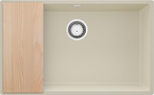 PRIMAGRAN Unterbauspüle Granit Beige 76x47cm, Spülbecken 1 Becken + Ablauf-Set + Schneidebrett, Granitspüle ab 80er Unterschrank - London von Primagran