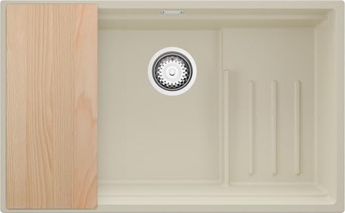 PRIMAGRAN Unterbauspüle Granit Beige 76x47cm, Spülbecken 1 Becken + Ablauf-Set + Schneidebrett, Granitspüle ab 80er Unterschrank - Praga von Primagran