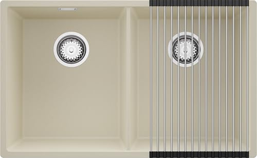 PRIMAGRAN Unterbauspüle Granit Beige 76x47cm, Spülbecken 2 Becken + Ablauf-Set + Aufrollbare Abtropffläche, Granitspüle ab 80er Unterschrank - London Twin PRIMAGRAN Unterbauspüle Granit Beige 76x47cm, Spülbecken 2 Becken + Ablauf-Set + Aufrollbare Abtropffläche, Granitspüle ab 80er Unterschrank - London Twin von Primagran