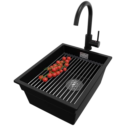 PRIMAGRAN Unterbauspüle Granit Schwarz 36x47cm, Spülbecken 1 Becken + Küchenarmatur 32x20cm + Ablauf-Set + Aufrollbare Abtropffläche, Granitspüle ab 40er Unterschrank - Praga PRIMAGRAN Unterbauspüle Granit Schwarz 36x47cm, Spülbecken 1 Becken + Küchenarmatur 32x20cm + Ablauf-Set + Aufrollbare Abtropffläche, Granitspüle ab 40er Unterschrank - Praga von Primagran