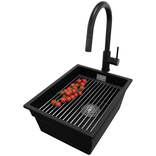 PRIMAGRAN Unterbauspüle Granit Schwarz 36x47cm, Spülbecken 1 Becken + Küchenarmatur 40x20cm + Ablauf-Set + Aufrollbare Abtropffläche, Granitspüle ab 40er Unterschrank - Praga PRIMAGRAN Unterbauspüle Granit Schwarz 36x47cm, Spülbecken 1 Becken + Küchenarmatur 40x20cm + Ablauf-Set + Aufrollbare Abtropffläche, Granitspüle ab 40er Unterschrank - Praga von Primagran