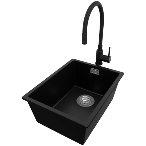 PRIMAGRAN Unterbauspüle Granit Schwarz 36x47cm, Spülbecken 1 Becken + Küchenarmatur 40x38cm + Ablauf-Set, Granitspüle ab 40er Unterschrank - London PRIMAGRAN Unterbauspüle Granit Schwarz 36x47cm, Spülbecken 1 Becken + Küchenarmatur 40x38cm + Ablauf-Set, Granitspüle ab 40er Unterschrank - London von Primagran