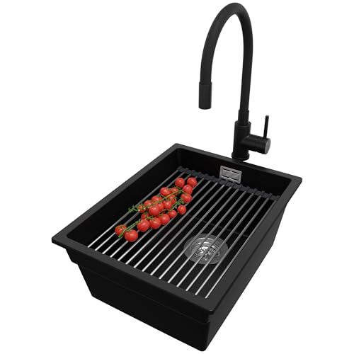 PRIMAGRAN Unterbauspüle Granit Schwarz 36x47cm, Spülbecken 1 Becken + Küchenarmatur 40x38cm + Ablauf-Set + Aufrollbare Abtropffläche, Granitspüle ab 40er Unterschrank - Praga PRIMAGRAN Unterbauspüle Granit Schwarz 36x47cm, Spülbecken 1 Becken + Küchenarmatur 40x38cm + Ablauf-Set + Aufrollbare Abtropffläche, Granitspüle ab 40er Unterschrank - Praga von Primagran