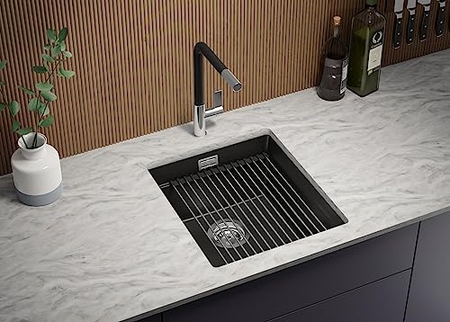 PRIMAGRAN Unterbauspüle Granit Schwarz 41x47cm, Spülbecken 1 Becken + Küchenarmatur 32x20cm + Ablauf-Set, Granitspüle ab 45er Unterschrank - Praga von Primagran