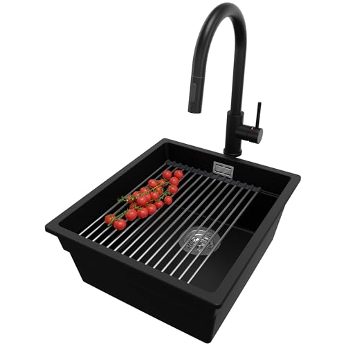 PRIMAGRAN Unterbauspüle Granit Schwarz 41x47cm, Spülbecken 1 Becken + Küchenarmatur 40x20cm + Ablauf-Set + Aufrollbare Abtropffläche, Granitspüle ab 45er Unterschrank - Praga von Primagran