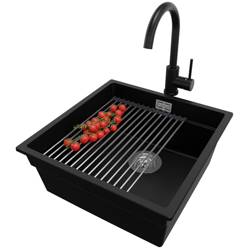 PRIMAGRAN Unterbauspüle Granit Schwarz 46x47cm, Spülbecken 1 Becken + Küchenarmatur 32x20cm + Ablauf-Set + Aufrollbare Abtropffläche, Granitspüle ab 50er Unterschrank - Praga von Primagran