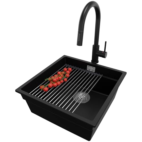 PRIMAGRAN Unterbauspüle Granit Schwarz 46x47cm, Spülbecken 1 Becken + Küchenarmatur 40x20cm + Ablauf-Set + Aufrollbare Abtropffläche, Granitspüle ab 50er Unterschrank - Praga PRIMAGRAN Unterbauspüle Granit Schwarz 46x47cm, Spülbecken 1 Becken + Küchenarmatur 40x20cm + Ablauf-Set + Aufrollbare Abtropffläche, Granitspüle ab 50er Unterschrank - Praga von Primagran