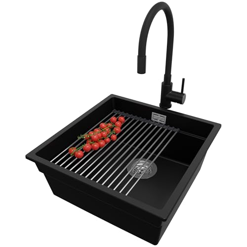 PRIMAGRAN Unterbauspüle Granit Schwarz 46x47cm, Spülbecken 1 Becken + Küchenarmatur 40x38cm + Ablauf-Set + Aufrollbare Abtropffläche, Granitspüle ab 50er Unterschrank - Praga von Primagran