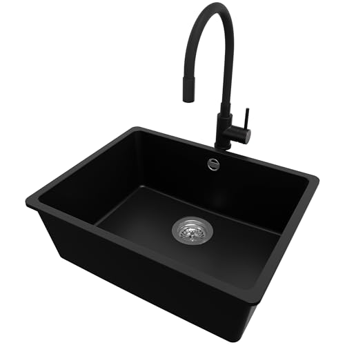 PRIMAGRAN Unterbauspüle Granit Schwarz 56x44cm, Spülbecken 1 Becken + Küchenarmatur 40x38cm + Ablauf-Set, Granitspüle ab 60er Unterschrank - Venedig Easy von Primagran