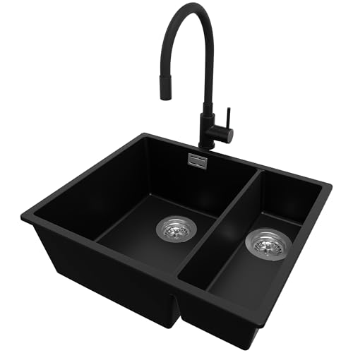 PRIMAGRAN Unterbauspüle Granit Schwarz 56x47cm, Spülbecken 1,5 Becken + Küchenarmatur 40x38cm + Ablauf-Set, Granitspüle ab 60er Unterschrank - London Duo von Primagran