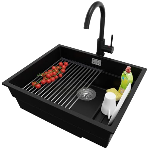 PRIMAGRAN Unterbauspüle Granit Schwarz 56x47cm, Spülbecken 1 Becken + Küchenarmatur 32x20cm + Ablauf-Set + Aufrollbare Abtropffläche, Granitspüle ab 60er Unterschrank - Praga PRIMAGRAN Unterbauspüle Granit Schwarz 56x47cm, Spülbecken 1 Becken + Küchenarmatur 32x20cm + Ablauf-Set + Aufrollbare Abtropffläche, Granitspüle ab 60er Unterschrank - Praga von Primagran