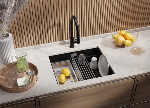 PRIMAGRAN Unterbauspüle Granit Schwarz 56x47cm, Spülbecken 1 Becken + Küchenarmatur 40x20cm + Ablauf-Set, Granitspüle ab 60er Unterschrank - Praga von Primagran