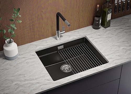 PRIMAGRAN Unterbauspüle Granit Schwarz 56x47cm, Spülbecken 1 Becken + Küchenarmatur 40x20cm + Ablauf-Set, Granitspüle ab 60er Unterschrank - Praga von Primagran
