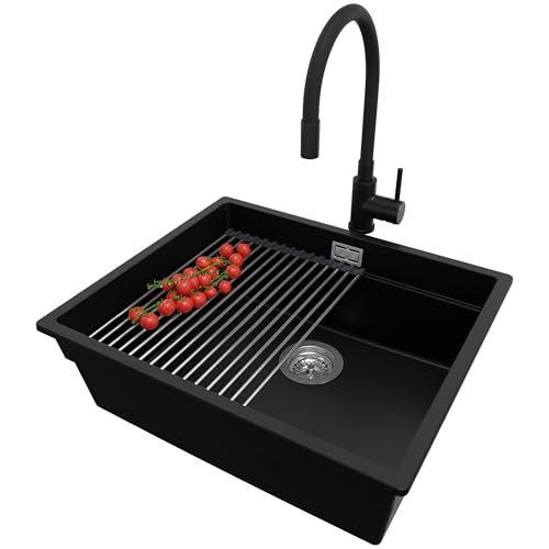 PRIMAGRAN Unterbauspüle Granit Schwarz 56x47cm, Spülbecken 1 Becken + Küchenarmatur 40x38cm + Ablauf-Set + Aufrollbare Abtropffläche, Granitspüle ab 60er Unterschrank - Praga PRIMAGRAN Unterbauspüle Granit Schwarz 56x47cm, Spülbecken 1 Becken + Küchenarmatur 40x38cm + Ablauf-Set + Aufrollbare Abtropffläche, Granitspüle ab 60er Unterschrank - Praga von Primagran