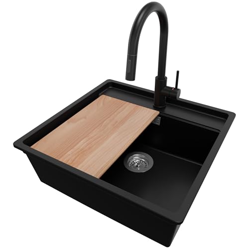 PRIMAGRAN Unterbauspüle Granit Schwarz 56x53cm, Spülbecken 1 Becken + Küchenarmatur 40x20cm + Ablauf-Set + Schneidebrett, Granitspüle ab 60er Unterschrank - Bergen PRIMAGRAN Unterbauspüle Granit Schwarz 56x53cm, Spülbecken 1 Becken + Küchenarmatur 40x20cm + Ablauf-Set + Schneidebrett, Granitspüle ab 60er Unterschrank - Bergen von Primagran