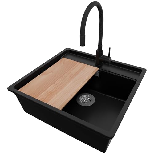 PRIMAGRAN Unterbauspüle Granit Schwarz 56x53cm, Spülbecken 1 Becken + Küchenarmatur 40x38cm + Ablauf-Set + Schneidebrett, Granitspüle ab 60er Unterschrank - Bergen PRIMAGRAN Unterbauspüle Granit Schwarz 56x53cm, Spülbecken 1 Becken + Küchenarmatur 40x38cm + Ablauf-Set + Schneidebrett, Granitspüle ab 60er Unterschrank - Bergen von Primagran